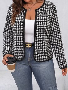 SHEIN LUNE 大尺碼女款格紋印花長袖休閒優雅商務休閒夾克，適合秋季/正式晚宴辦公室黑色秋季 - 黑與白 - 查看 5