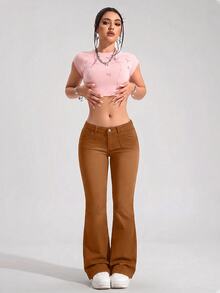 SHEIN PETITE Women's Casual Daily Travel Denim Long Pants With Pockets And Buttons,Fall/Winter,New Year Look - Brown - View 7