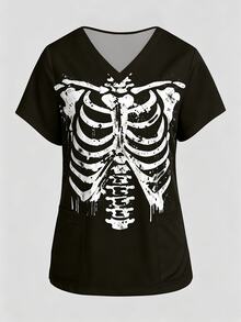 PopScrub Halloween Skeleton Ribcage Print Nurse Scrub Top, V-Neck Short Sleeve Fashionable Workwear With Dual Pockets And Side Slits, Cute Surgical Scrub Top For Women, Scrub Uniform Top - Multicolor - View 4
