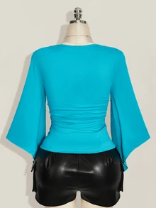 SHEIN ICON Plus Size Women Solid Color Pleated Slim Fit Versatile Daily Wear Top - Teal Blue - View 2