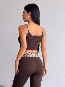 SHEIN Dewbera Tank Top Yoga Olahraga Tanpa Jahitan/Trim Motif Leopard Warna Kontras/Modis Seksi/Nyaman - Coffee Brown - View 2
