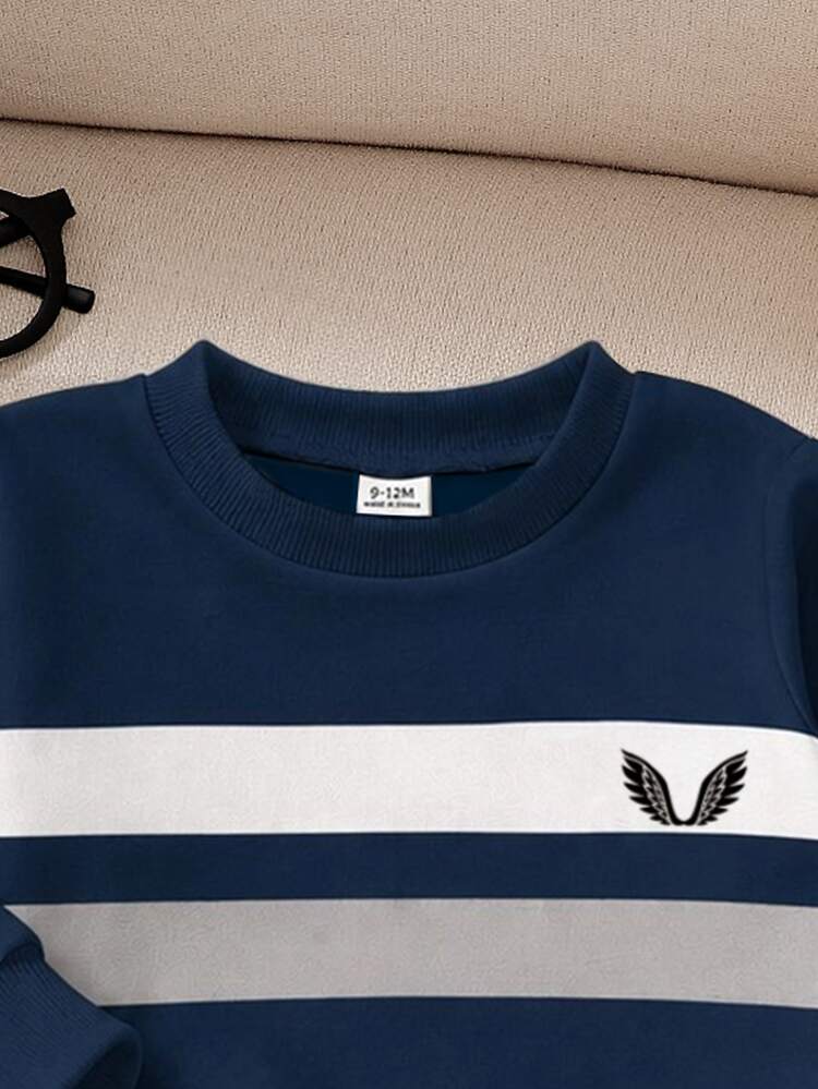 2pcs/Set Infant Baby Boy Striped Long Sleeve Top Graphic Solid Pants Family Matching Outfit - Navy Blue - View 3