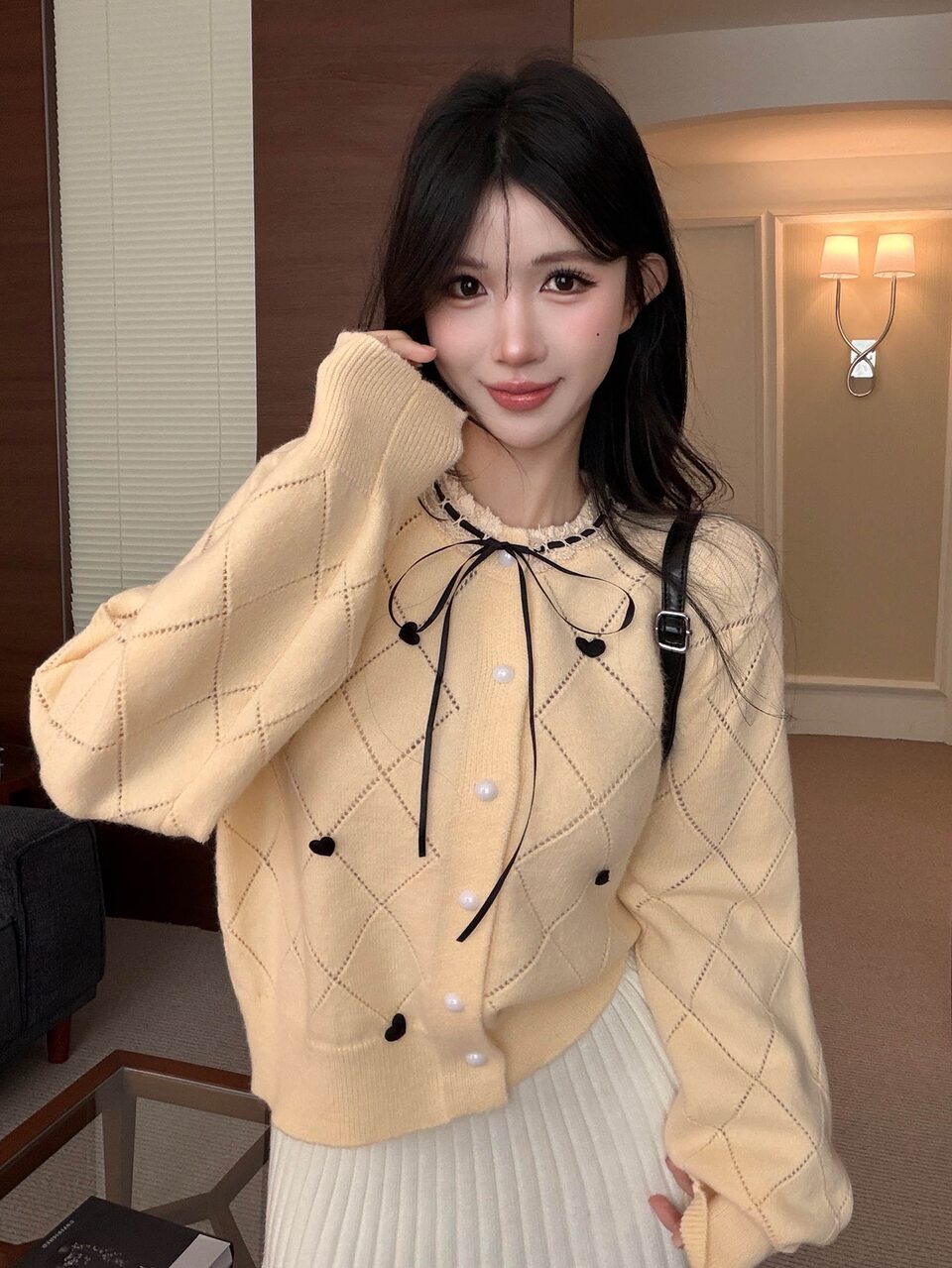 Autumn/Winter Round Neck Yellow Lace Trim Collar Long Sleeve Heart Embroidery Diamond Pattern Bowknot Sweet Casual Women's Knit Cardigan Sweater