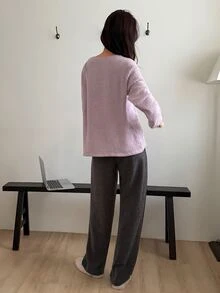 DAZY Women's Solid Color Round Neck Drop Shoulder Long Sleeve Top And Pants Loungewear Set - Purple - View 2