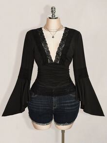 SHEIN ICON Women Plus Size Deep V Neck Lace Patchwork Casual Daily Wear Blouse Fall - Black - View 3