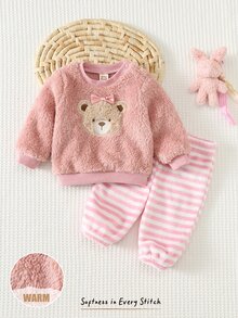 Cozy Pixies 新生兒嬰兒套裝 毛絨衛衣套裝 童裝貼布繡刺繡毛絨熊蝴蝶結圓領長袖上衣與褲子，適合初秋、秋冬穿著，柔軟舒適可愛風 - 粉色 - 查看 3
