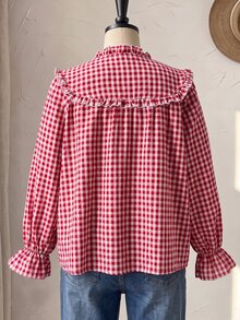 Rusticease Plus Size Korean Style Ruffle Trim Plaid Shirt - Red and White - View 4