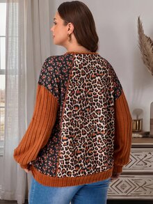 EMERY ROSE Plus Ditsy Floral Leopard Print Drop Shoulder Sweatshirt Fall - Multicolor - View 3
