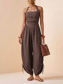 Zivah Women's Halter Neck Backless Tie Back Wide Leg Drawstring Jumpsuit - Coffee Brown - View 6