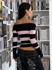 StreetHx Women's Autumn/Winter Colorblock Ribbed Ribbed Texture Off-Shoulder Asymmetrical Button Design Slim Fit Sexy Y2K Cute Delicate Atmosphere Knit Sweater - Baby Pink - View 2