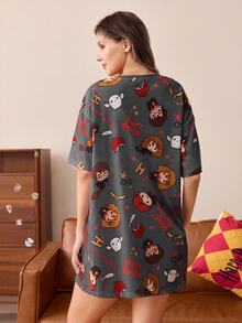 HARRY POTTER X SHEIN Women's Simple Cartoon Print Short Sleeve Nightgown - Dark Grey - View 2