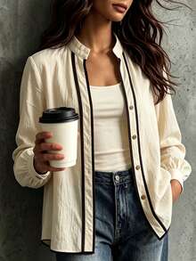 LUMIGAL Women's Elegant Casual Daily Colorblock V-Neck Button-Up Long Sleeve Loose Textured Regular Fit Thin Jacket - Multicolor - View 12