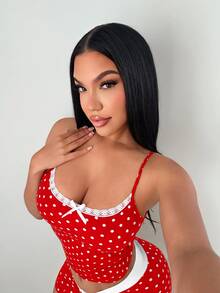 SHEIN SXY 女款蕾絲飾邊紅白波點細肩帶背心短褲休閒性感日常套裝 居家睡衣 夏季 - 紅白色 - 查看 4