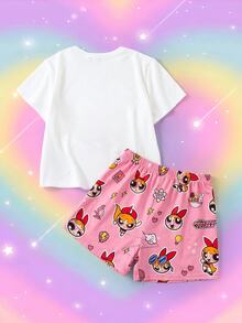 THE POWERPUFF GIRLS X SHEIN 女款卡通印花短袖上衣與短褲休閒居家睡衣套裝 - 粉色 - 查看 2