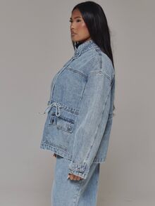 MUSERA Plus Size Blue Denim Funnel Neck Lace Detail Jacket Spring Summer Casual Everyday Day Outfit Going Out - Blue - View 4