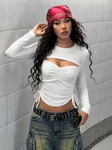 StreetHx Women's Solid Color Cutout Design Cropped Drawstring Sports T-Shirt - White - View 3