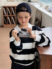 Dazy Kids (فتاة مراهقة) سويتشيرت فضفاض بياقة مخططة كاجوال بأكمام طويلة، خريف/شتاء - أبيض وأسود - مشاهدة 8