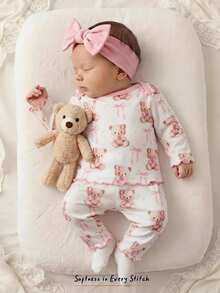 Newborn Baby Girl Cute Cartoon & Floral Pattern Long Sleeve Loungewear Set Autumn - Multicolor - View 6