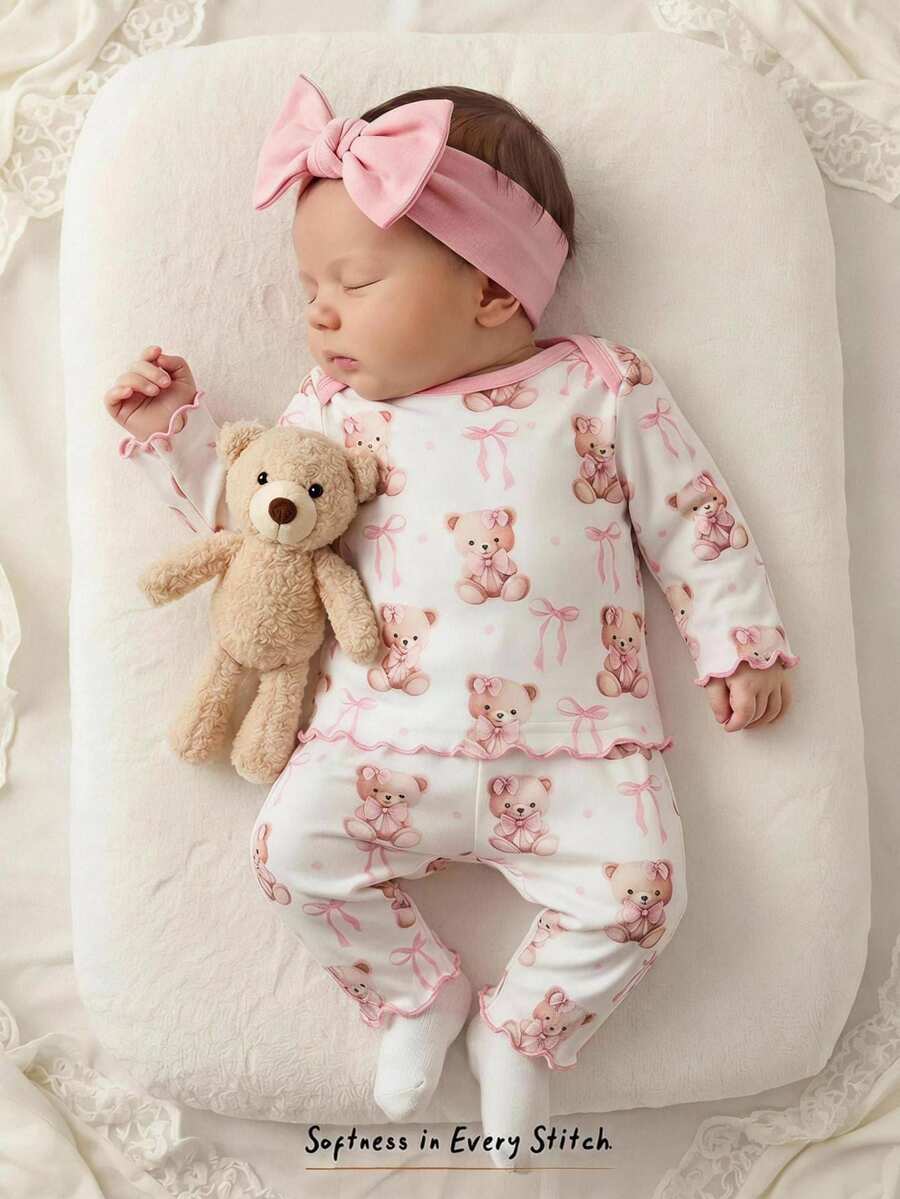 Newborn Baby Girl Cute Cartoon & Floral Pattern Long Sleeve Loungewear Set Autumn - Multicolor - View 1