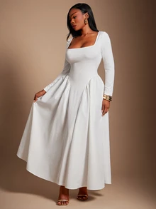 SHEIN SXY White High Elasticity Knitted Square Neck Long Sleeve Ruched Slim Fit Flared Dress Fall Cocktail Party Elegant Celestial - White - View 6