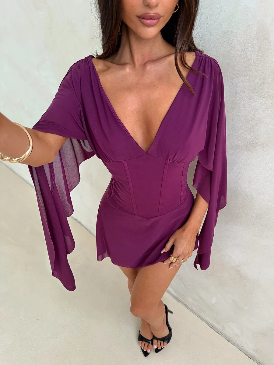 Aloruh Contrast Mesh V Neck Split Sleeve A Line High Waist Mini Dresses - Purple - View 1