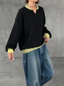 FRIFUL Sweatshirt Longgar Wanita Gaya Korea Baru Awal Musim Gugur dengan Kain Waffle Warna-warni - Hitam - View 6