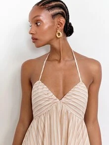 Maija Women's Halter Neck Striped Pattern High Waist Ruffle Hem Open Back Dress Beach Vacation Pink Stripe Summer Tropical Boho - Coffee Brown - View 5