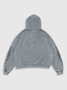 ROMWE MEN Men's Gothic Pattern Casual Daily Wear Hooded Sweatshirt - Grey - View 2
