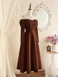 Vintamour Women's Lace Patchwork Tube Casual Party Long Strapless Dress - Brown - View 4