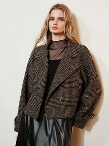 Aveloria Modichic Women's Jacket Oversized Broad Shoulder Tweed Lapel Gold Button Retro British Old Money Brown Black Plaid Fall Clothes For Women Christmas - Multicolor - View 5