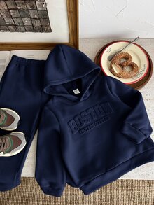 Bubblio Kids Young Boy Casual Style Loose Fit Letter Pattern Hooded Sweatshirt,Elastic Waist Long Autumn Pants Set,Back-To-School,School,Summer,Outdoor ,Party - Navy Blue - View 3