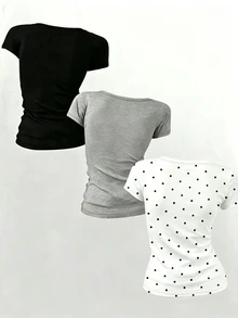Lalippa 女款 T-shirt 3件組，修身版型，休閒極簡風，適合日常休閒穿著，女款短袖上衣，夏季女款上衣，最新款女款上衣，基礎極簡 T-shirt - 彩色 - 查看 2