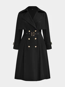 Sweetra Plus Size Women's Solid Color Double-Breasted Casual Loose Long Trench Coat - Black - View 1