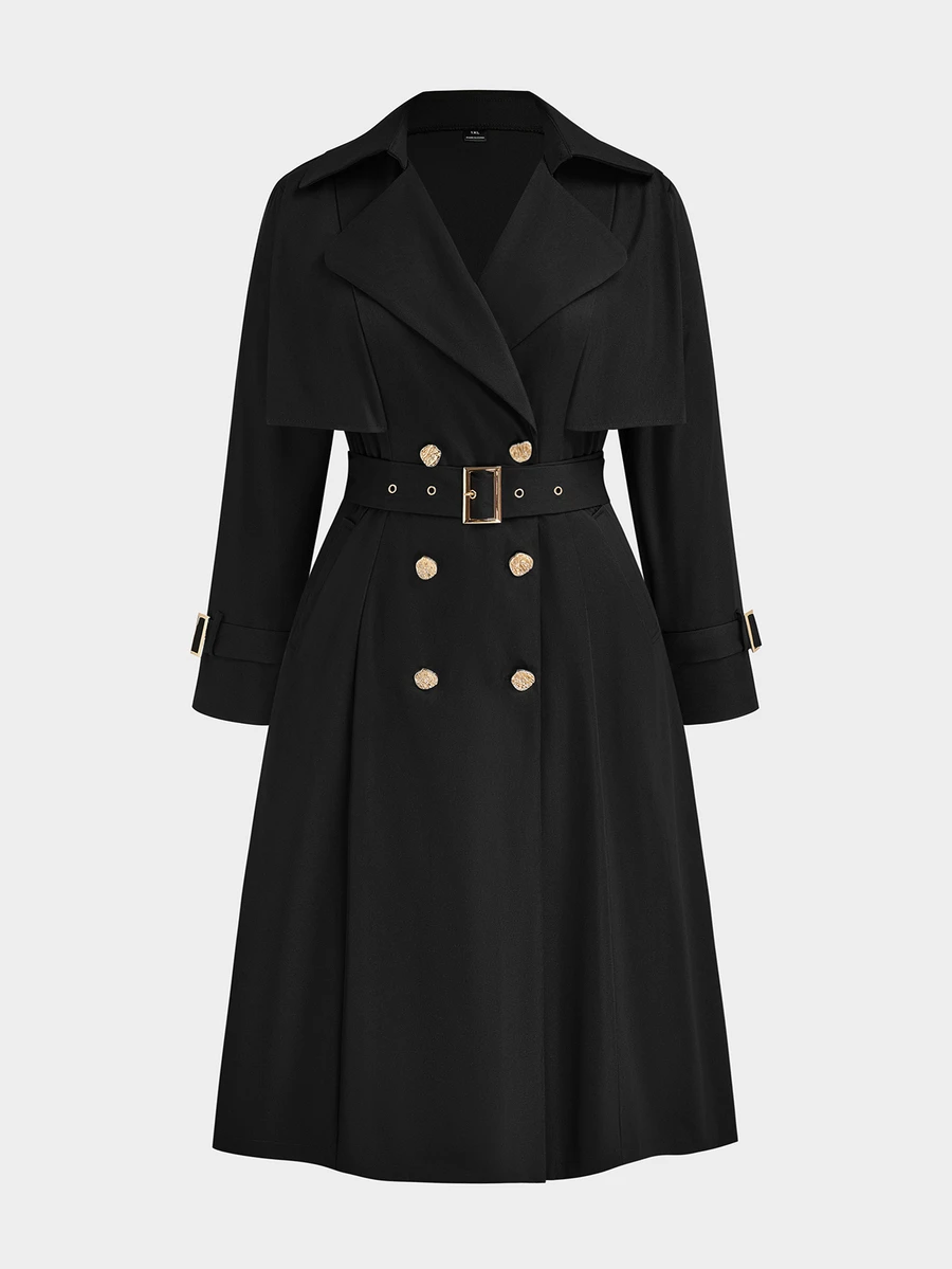 Sweetra Plus Size Women's Solid Color Double-Breasted Casual Loose Long Trench Coat - Black - View 1