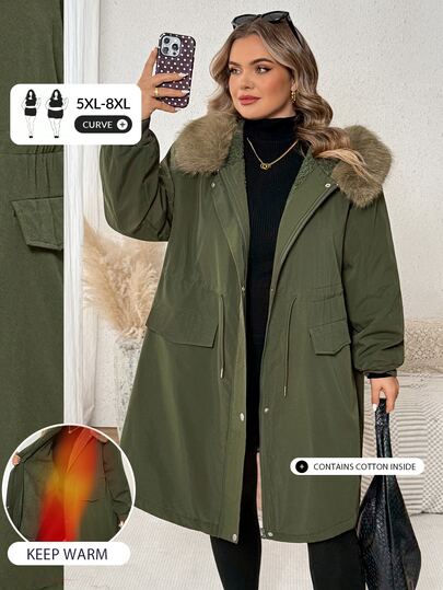 SHEIN CURVE+ معطف باركا شتوي كاجوال باللون الأخضر الزيتوني للنساء مقاس كبير، جاكيت شتوي، 8XL