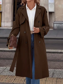 SHEIN Clasi 女款純色保暖內裡休閒百搭長袖風衣大衣 - 棕色 - 查看 5