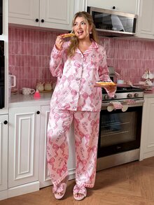 Slumberry CURVE Sweet Cute Christmas Bow Candy Cane Contrast Collar Pink Satin Plus Size Pajama Set - Pink - View 6