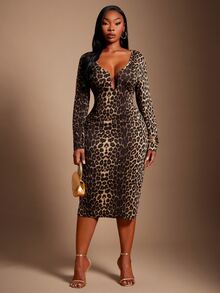 SHEIN SXY Leopard Print Deep Sweetheart Neck Long Sleeve Fitted Midi Dress Fall - Multicolor - View 6