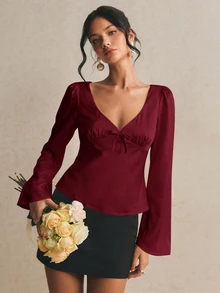 Poéselle Women's Solid Color Bowknot Decor Flare Sleeve Top - Burgundy - View 3