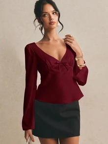 Poéselle Women's Solid Color Bowknot Decor Flare Sleeve Top - Burgundy - View 6