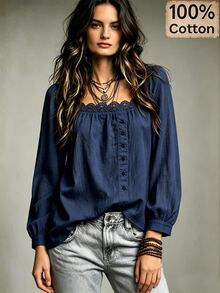 SHEIN Kemeja Wanita Lengan Panjang Berkerah Renda dengan Kancing Depan, Terbuat dari Katun Murni - Navy Blue - View 4
