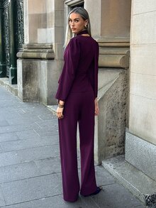 Aloruh Set Blazer dan Celana Wanita Warna Polos Fashion Kerah V Dalam - Red Violet - View 8