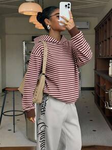 Muchica Plus Size Women's Striped Casual Daily Wear Hooded Sweatshirt - Multicolor - View 3