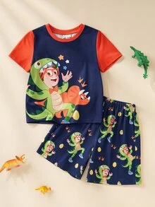 Blippi X SHEIN طقم ملابس منزلية للأولاد الصغار تي شيرت برقبة دائرية وشورت مطبوع عليه شخصيات كرتونية - الأسود - مشاهدة 1