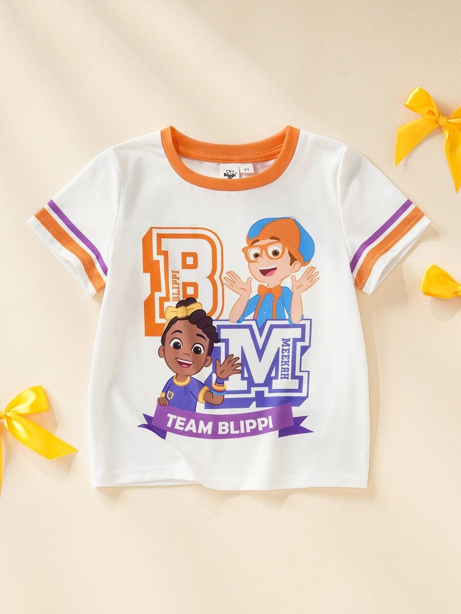 Blippi X SHEIN Kaos Anak Perempuan Lengan Pendek Kerah Bulat dengan Cetakan Huruf - Jeruk - View 1