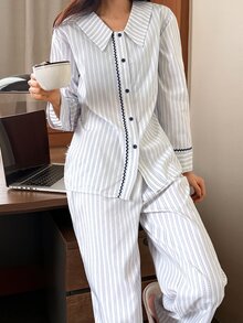 DAZY Women's Striped Long Sleeve Top And Pants Casual Daily Home Sleepwear Set - Blue - View 1
