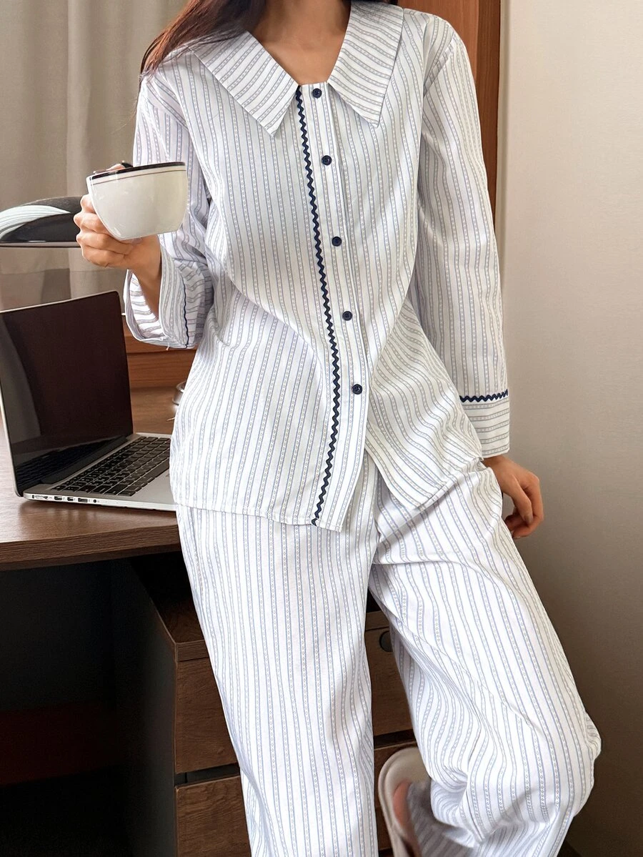 DAZY Women's Striped Long Sleeve Top And Pants Casual Daily Home Sleepwear Set - Blue - View 1