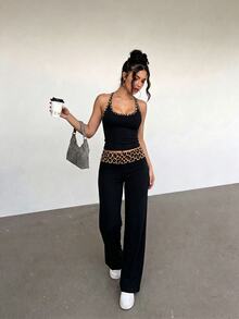 Aloruh 女款初秋性感休閒拼色包邊豹紋背心 + 長褲，Y2K豹紋兩件套 - 黑色 - 查看 5