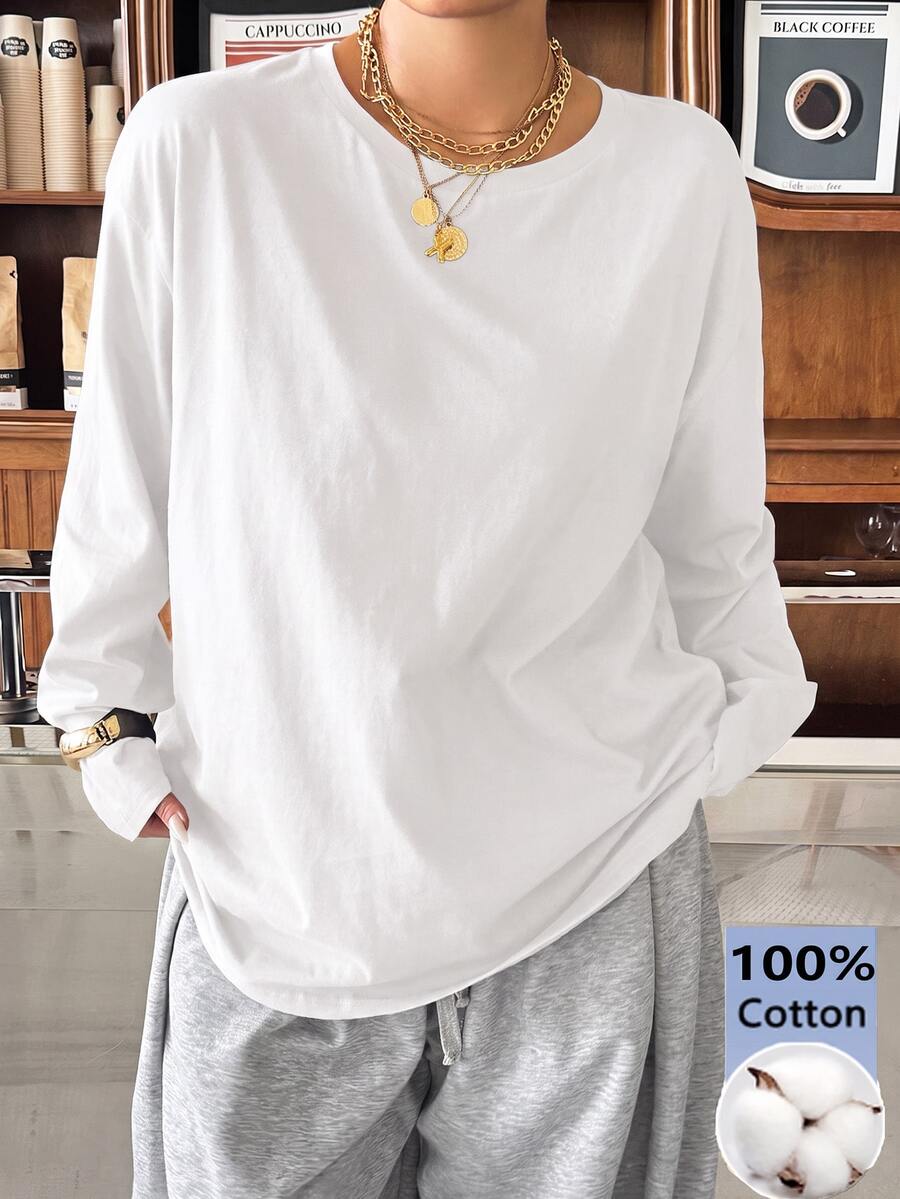 Muchica Women Plus Size Solid Color Fashion Casual Crew Neck T-Shirt - White - View 1
