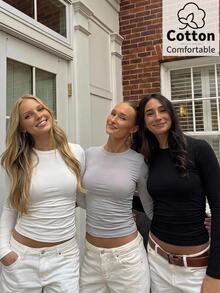 CovetEZ 3PCS Women Round Neck Long Sleeve T-Shirts - Multicolor - View 1